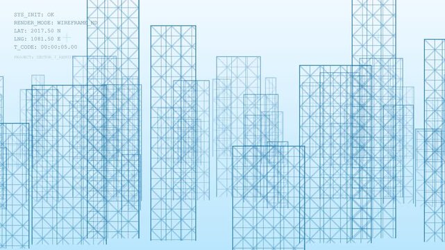 Futuristic Digital City Wireframe Construction with HUD Elements Background