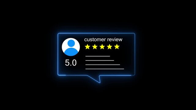 Glowing neon Rating 5 stars icon animation. animation customer review concept, character giving fore star feedback on neon rectangle. animated customer satisfaction rating