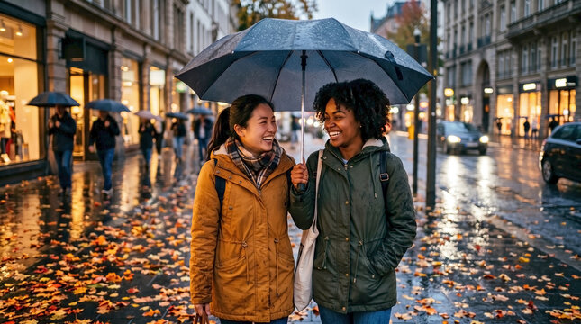 Diverse young women laughing naturally during rainy day conversation, sharing an umbrella on an urban autumn street for lifestyle blogs, travel content, and social media friendship