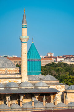 Kubbe-i Hadra and historic minaret at Mevlana Museum Konya Turkey