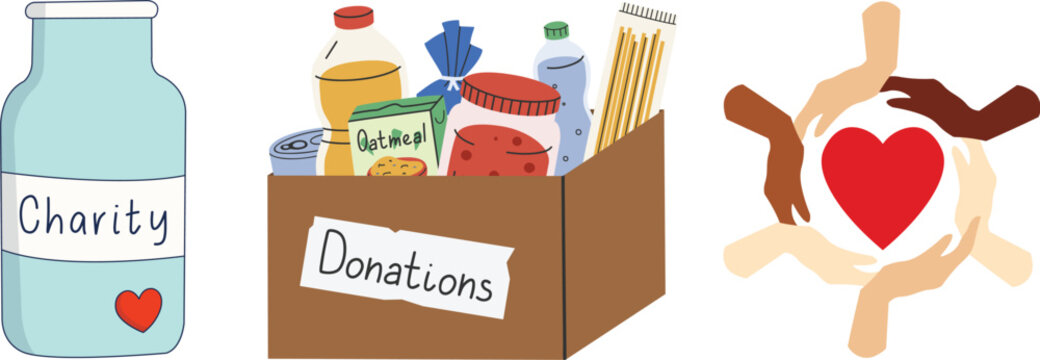 An illustration depicting various aspects of charity and community support, including a charity jar, a box of food donations, and diverse hands surrounding a heart.