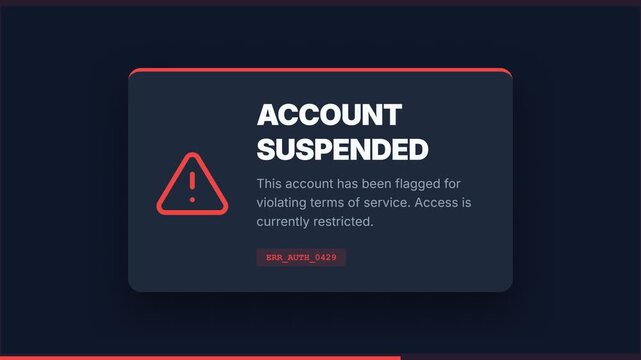 Animated account suspended notification with warning triangle and error code, digital interface alert, symbolizing restriction, access denied, and system failure, representing online security issues