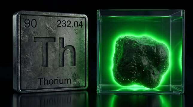 Thorium element tile alongside a glowing green sample submerged in a clear container of water, set against a dark background.