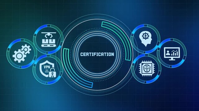 Digital system certification concept with high tech business security icons background