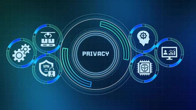 Cyber security privacy concept with VPN lock icon and digital abstract network interface.