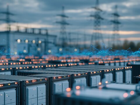 Modern industrial energy storage system with glowing lights and digital network overlay at dusk