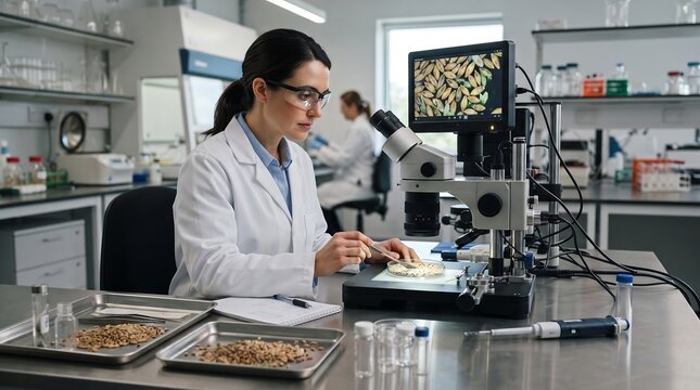 Female Lab Technician Inspecting Grain Seeds Under Digital Stereo Microscope