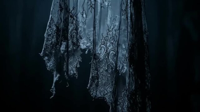 Premium Cinematic 4K  Tattered Black Gothic Lace Shroud Swaying Gently in a Dark Haunted Atmosphere with Eerie Studio Lighting