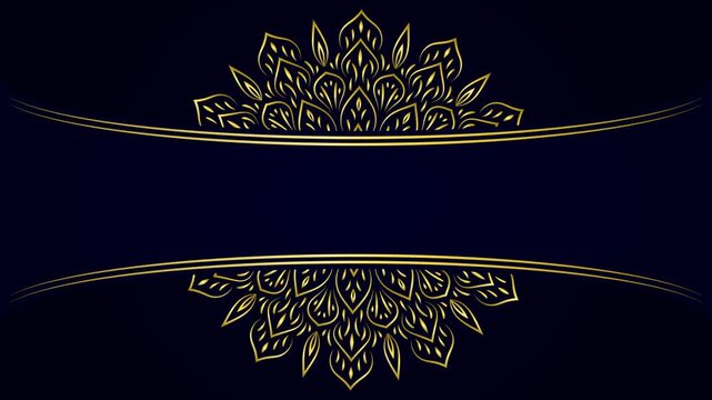 Luxury dark blue motion graphic background with rotating golden mandala ornaments, curved lines, and copy space for animation invitation event