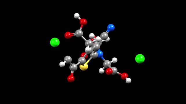 Structure of strontium ranelate, a medicine for osteoporosis. Animated 3D ball-and-stick and spacefill models, black background.