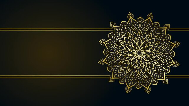 Luxury dark motion graphic background with rotating golden mandala ornament, gold border lines, and copy space for animation invitation event 