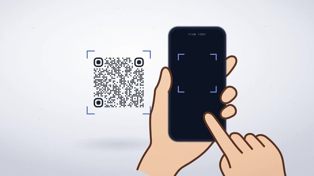 Flat illustration of a hand holding a smartphone scanning a QR code with success confirmation
