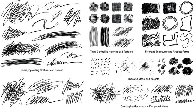 Set of handdrawn scribble textures, hatching, gestural marks, and abstract shapes