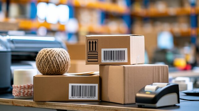 Stacked cardboard shipping boxes with barcode labels and twine, ready for logistics and delivery