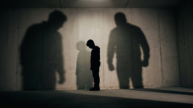 Sad Boy Silhouette Facing Giant Shadows of Men, Bullying, Depression, Loneliness