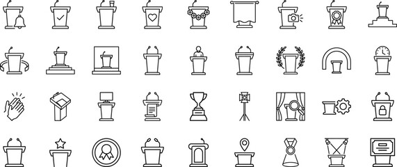 Fototapeta premium Podium Presentation Ceremony Setup Web Icon Set in Linear Style. Collection of Stage Rostrum line icons, including keynote, award ceremony, public speaking, conference, stage lighting, event decor.