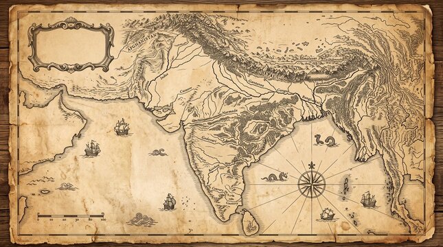 Antique Map of India, Old World Nautical Chart with Ships and Compass Rose