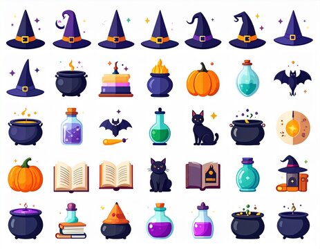 A collection of Halloween-themed witch hat, cauldron, potion, and black cat illustrations, perfect for festive decorations and designs