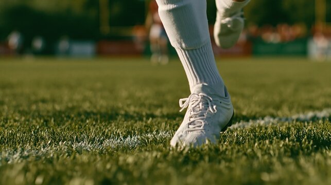Close-up of a soccer player's foot in a cleat running on a green grass field during a game