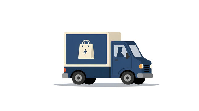 Blue courier truck with a shopping bag logo driving for fast retail delivery service