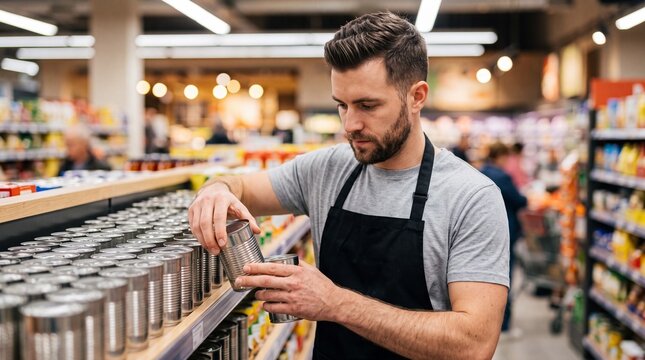 Store clerk arranging tin cans on a shelf in a modern supermarket aisle. Young caucasian employee restocking canned food inventory in a retail grocery shop.