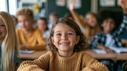 Obraz premium Happy young girl smiling in a classroom with diverse classmates learning together
