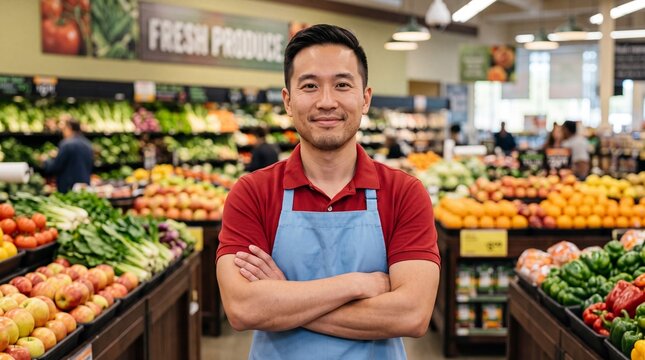 Store clerk standing with crossed arms by fresh organic vegetables in grocery aisle. Friendly asian retail employee smiling in modern supermarket department.
