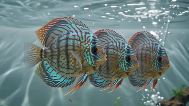 Three blue discus fish swimming together in clean aquarium tank