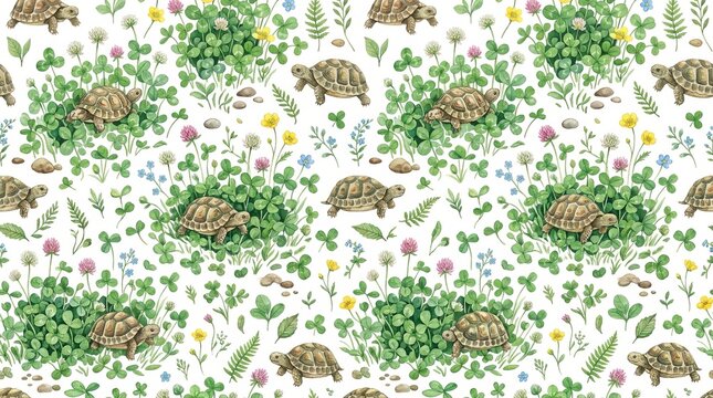 Watercolor Seamless Pattern with Tiny Tortoises and Clover