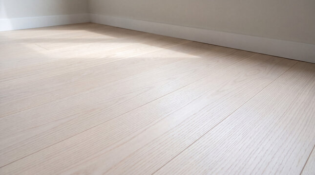 Empty room with light wooden floorboards and white skirting, illuminated by natural light creating soft shadows