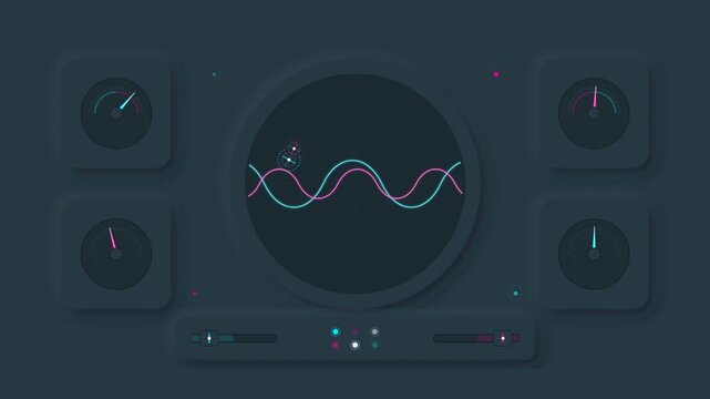 Oscilloscope sine wave animation with audio equalizer dials and sliders, dark neumorphic UI dashboard control panel motion graphic