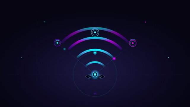Wi-Fi signal icon animation with glowing neon gradient waves and HUD radar rings, wireless network connectivity motion graphic on dark background