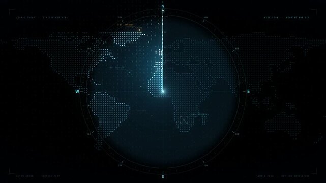 Radar sweep scanning a dotted world map globe with tracked signal contacts on a dark screen