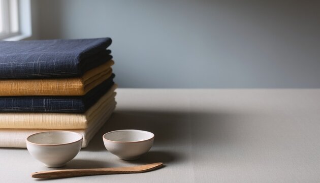 Indigo and ochre natural dye textiles with copy space
