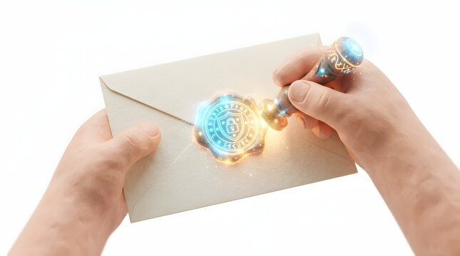 Hands sealing envelope with decorative stamp