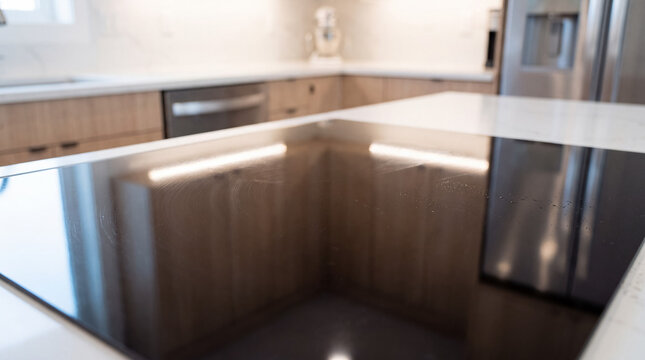 Modern kitchen island featuring induction cooktop, sleek design, and reflection of stylish wood cabinets