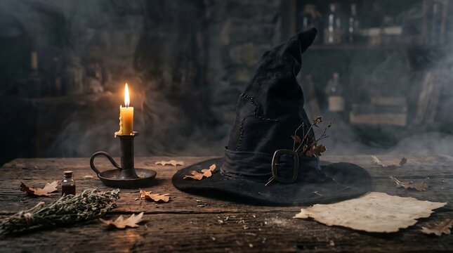Mystical Witchcraft Scene with Candle and Spellbook on Wooden Table.