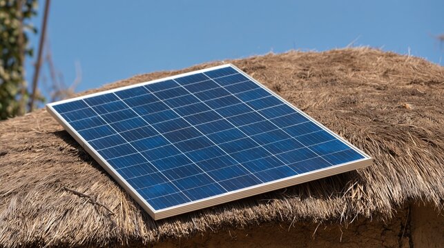 Sustainable Solar Panel Installed on Rustic Thatch Roof Under Bright Blue Sky
