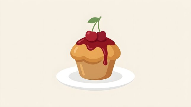 Delicious Cherry Popover Pastry Vector Illustration Served on White Plate with Fresh Cherries and Fruit Jam Filling