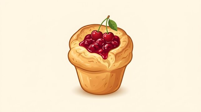 Freshly Baked Cherry Popover Vector Illustration Filled with Red Cherry Jam and Topped with Fresh Cherries