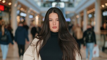 Obraz premium Young Woman Standing Confidently in a Bustling Indoor Shopping Mall with Soft Bokeh Background