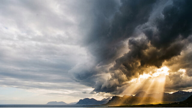 Dramatic sky background with golden sunbeams breaking through storm clouds