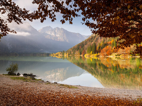 Autumnal forest foliage reflects on serene Predil lake waters, an iconic tourism destination for peaceful outdoor,Julian Alps,Predil lake,Tarvisio,Friuli,Italy.
