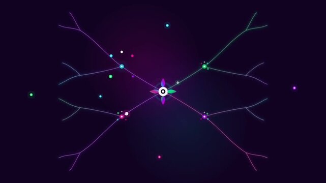 Abstract neural network animation with glowing neon synapse nodes and branching data circuits, artificial intelligence technology motion graphic on dark background
