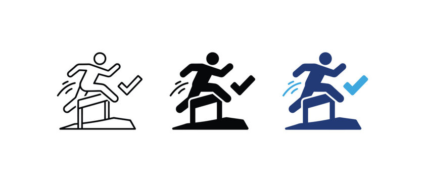 Person jumping over hurdle and success check mark icon set. Vector illustration