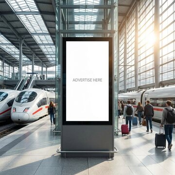 Vertical blank digital billboard mockup, modern train station interior, diverse people waiting for high speed trains, bright daylight, commercial advertising space