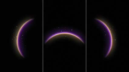 Triple view of a glowing purple planet horizon with scattered stars on a black background