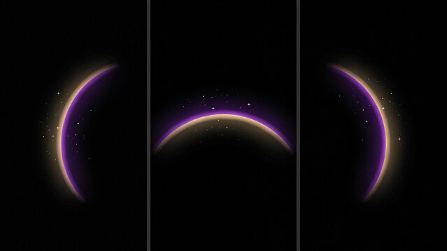 Triple view of a glowing purple planet horizon with scattered stars on a black background