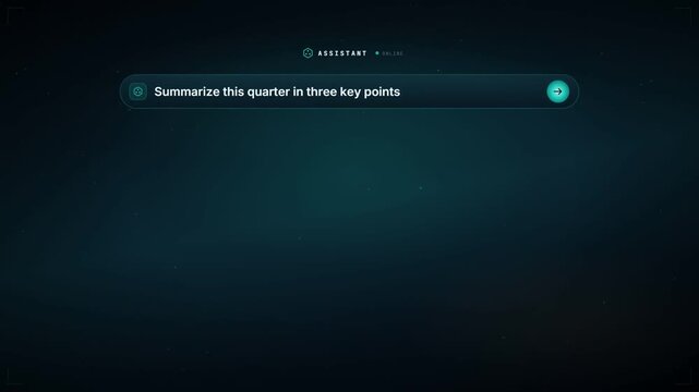 Dark AI assistant interface building a summary card with key metrics and a bar chart
