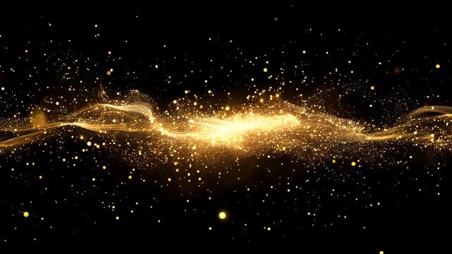 Golden particles swirl and drift in a flowing pattern on a black background, creating an engaging visual display